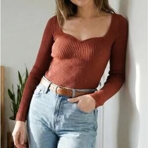 Abercrombie Sweetheart Neckline Long Sleeve Ribbed Sweater Bodysuit Brown Medium